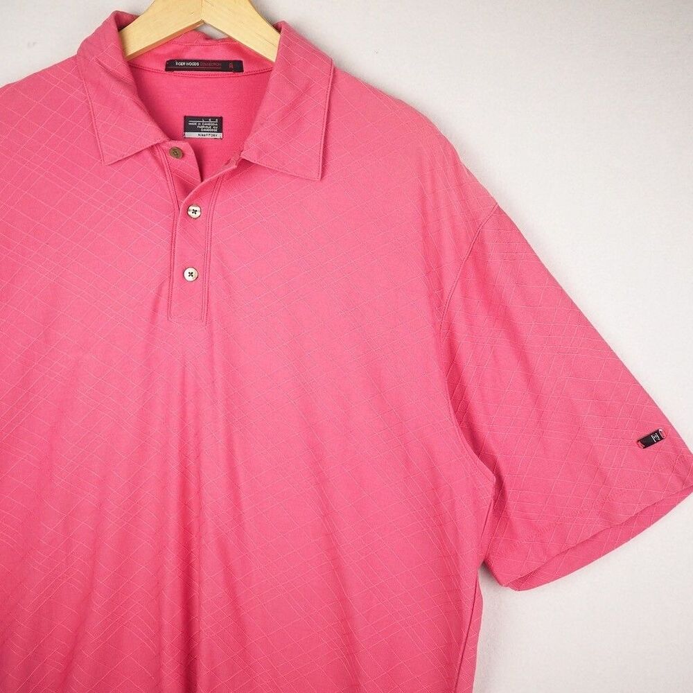Nike Tiger Woods Collection Polo Shirt Mens L Pink Diamond Stripe Check Pattern